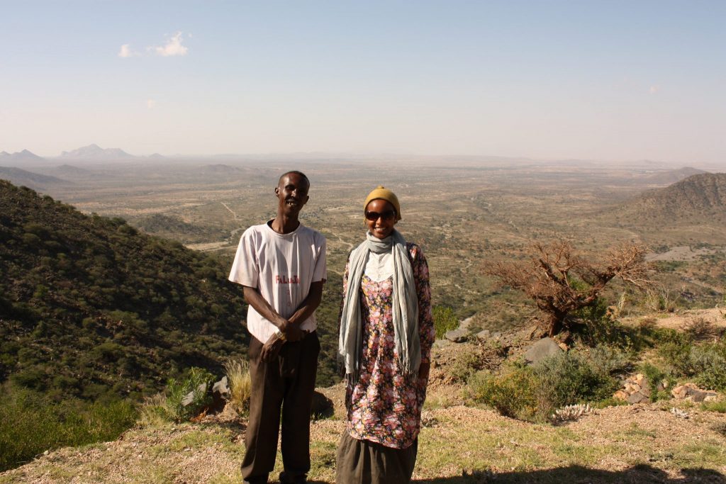 Sada Mire with Abdulahi, her long time driver and great friend doing survey of Islamic Medieval ruined town of Fardowsa,  Sheikh