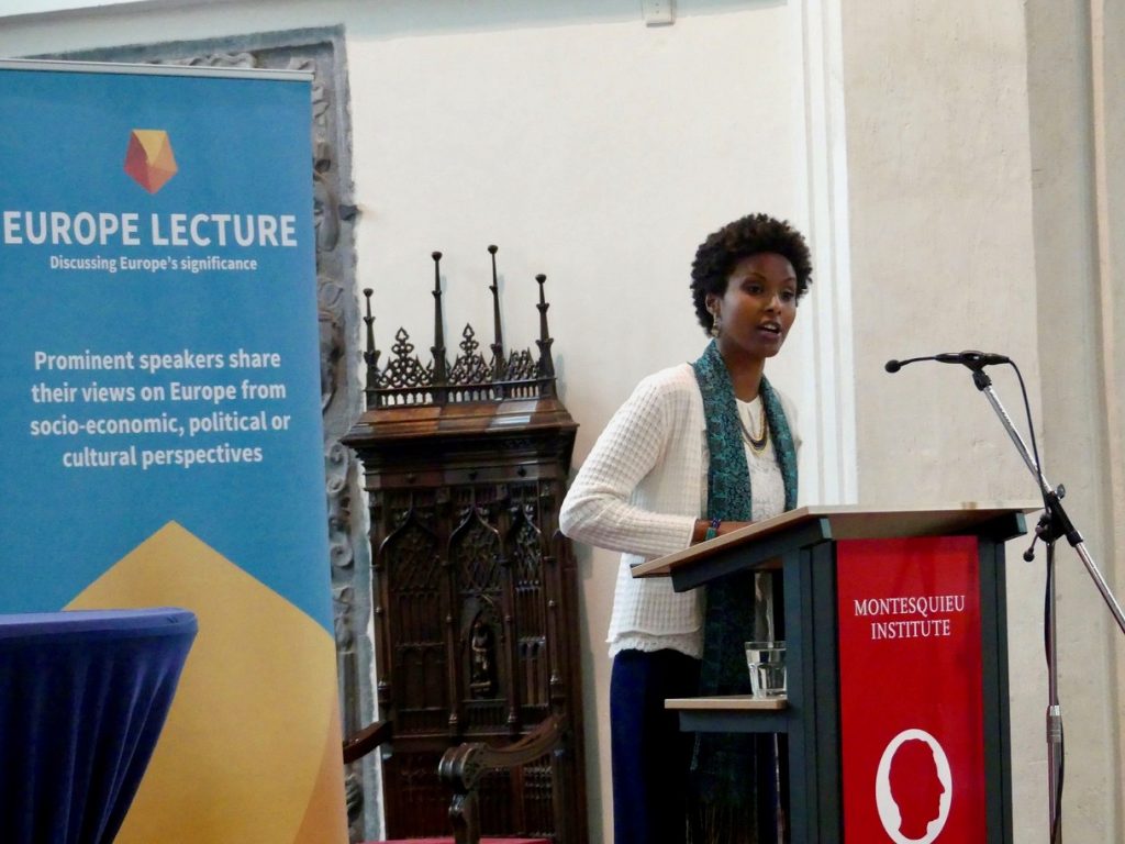 Dr Sada Mire speaking at the Europe Lecture 2016, The Hague with UNESCO Director General Irina Bokova, June, 2016