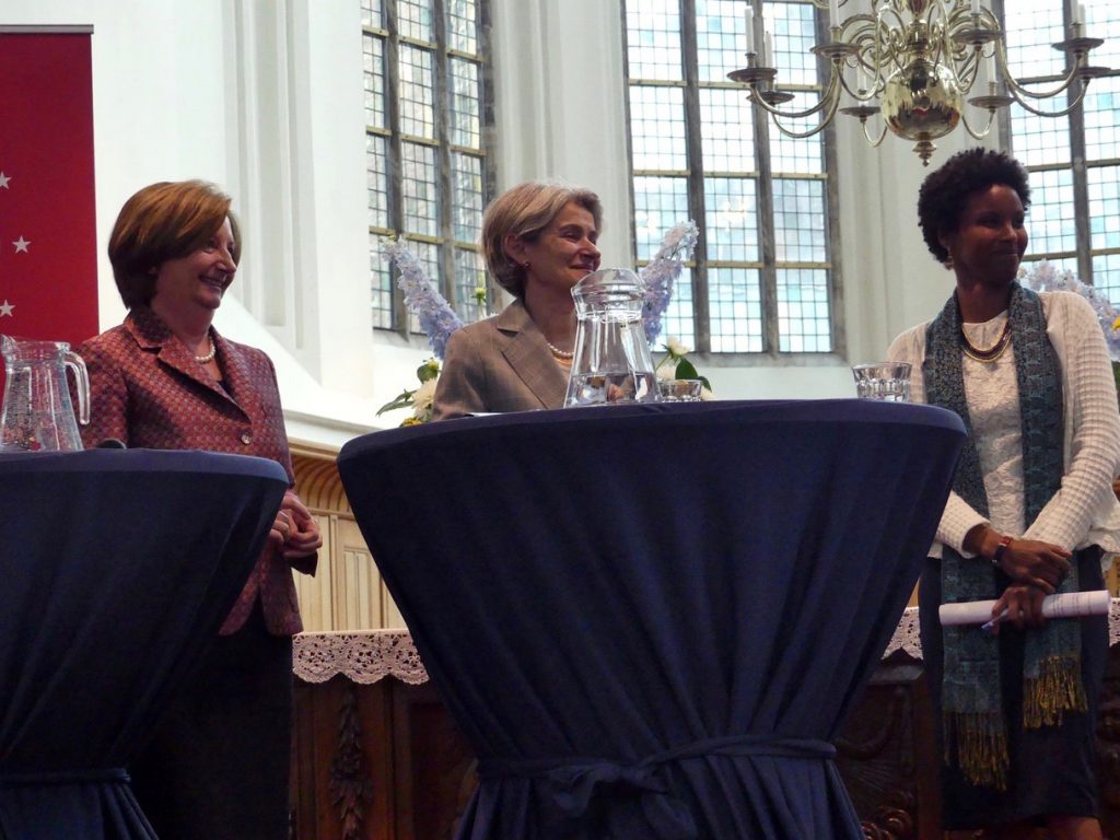 Dr Sada Mire with ICC President Dr Silvia F. du Gurmendi and UNESCO DG Irina Bokova delivering the Europe Lecture