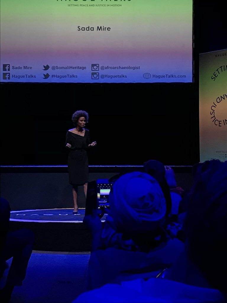Dr Sada Mire delivering a HAGUETALK on "Revise the History Books" at The Hague Peace Festival, 2018