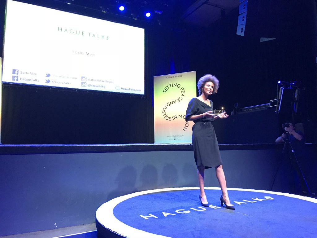 Dr Sada Mire delivering a HAGUETALK on "Revise the History Books" at The Hague Peace Festival, 2018